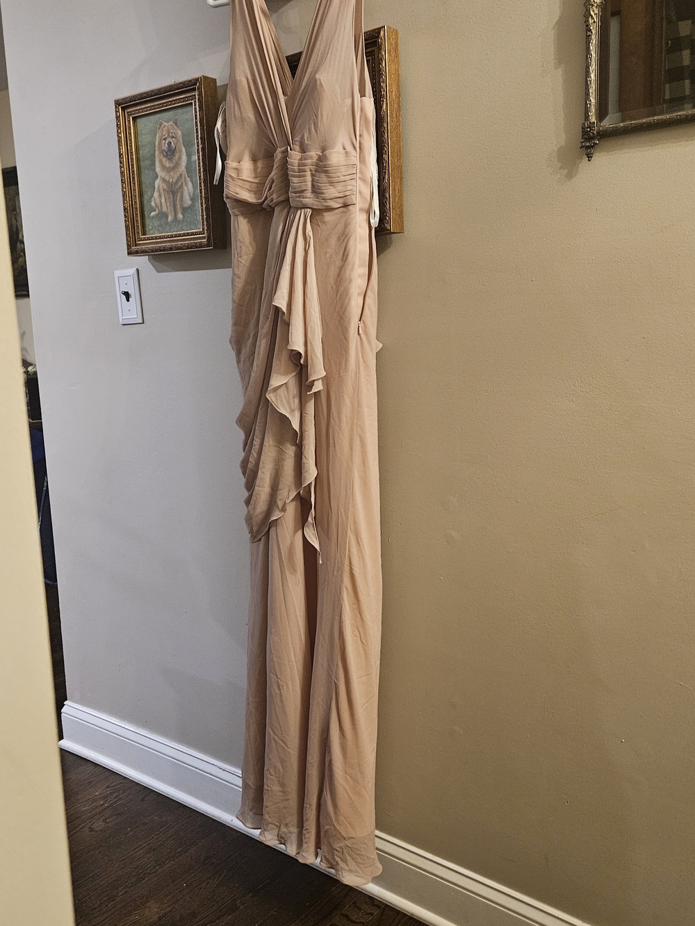 Watters Buff Ruffle V-Neck Evening Gown 12 Sz.